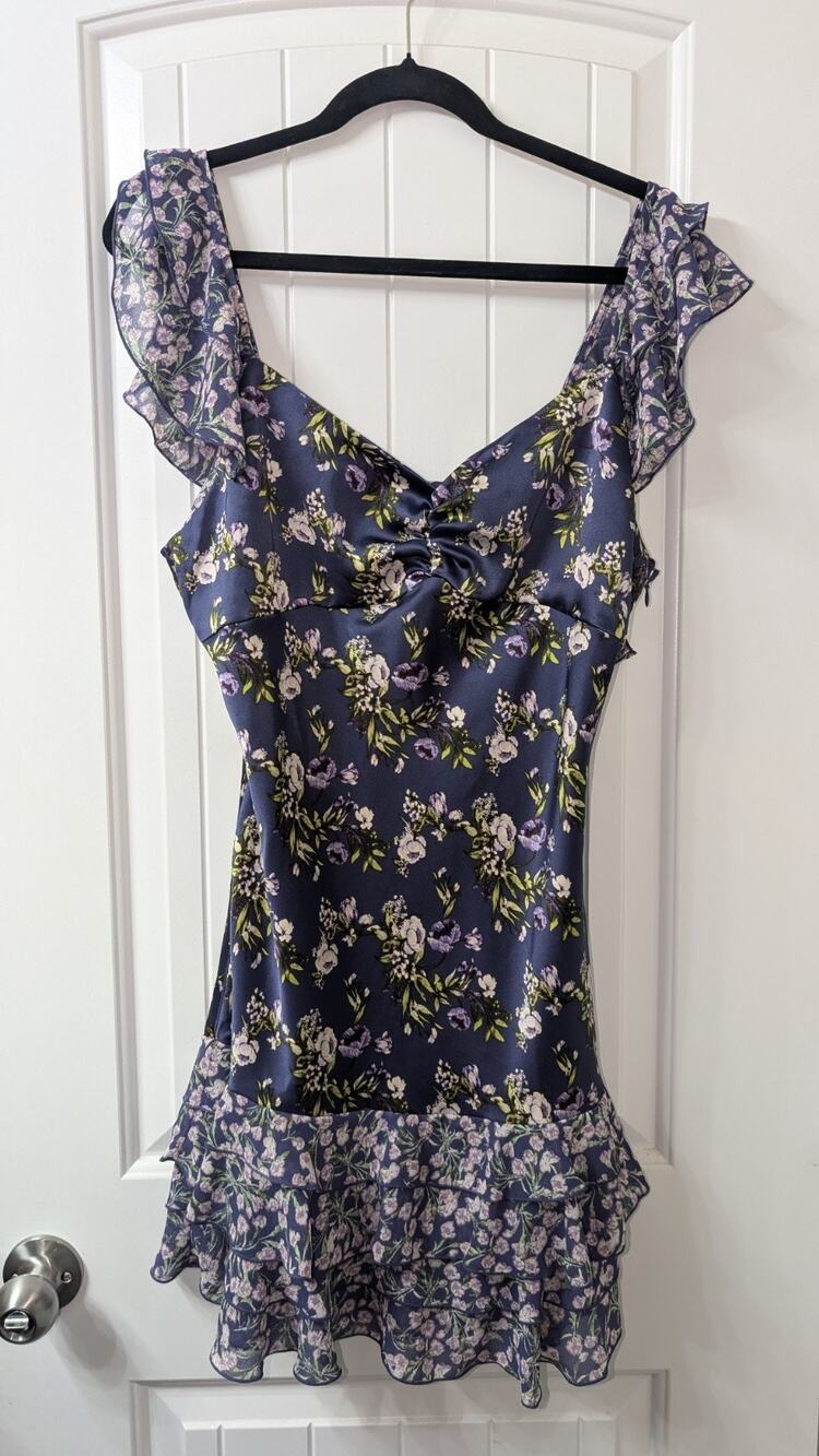 FOREVER 21 Blue Floral Satin Ruffle Trim V-Neck Sleeveless Slip Dress Size XL